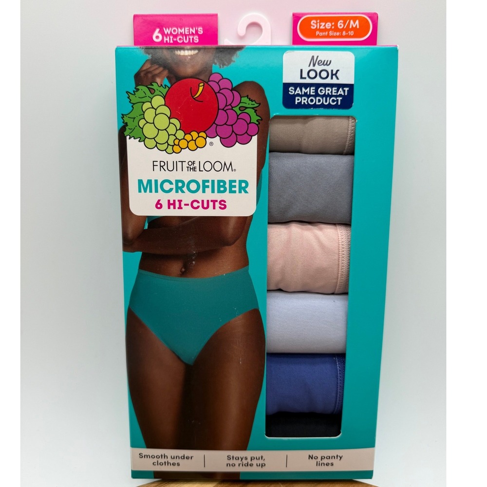 Fruit of the Loom Microfiber 6 Pack Hi-Cut Panties Womens Size 6 M Assorted